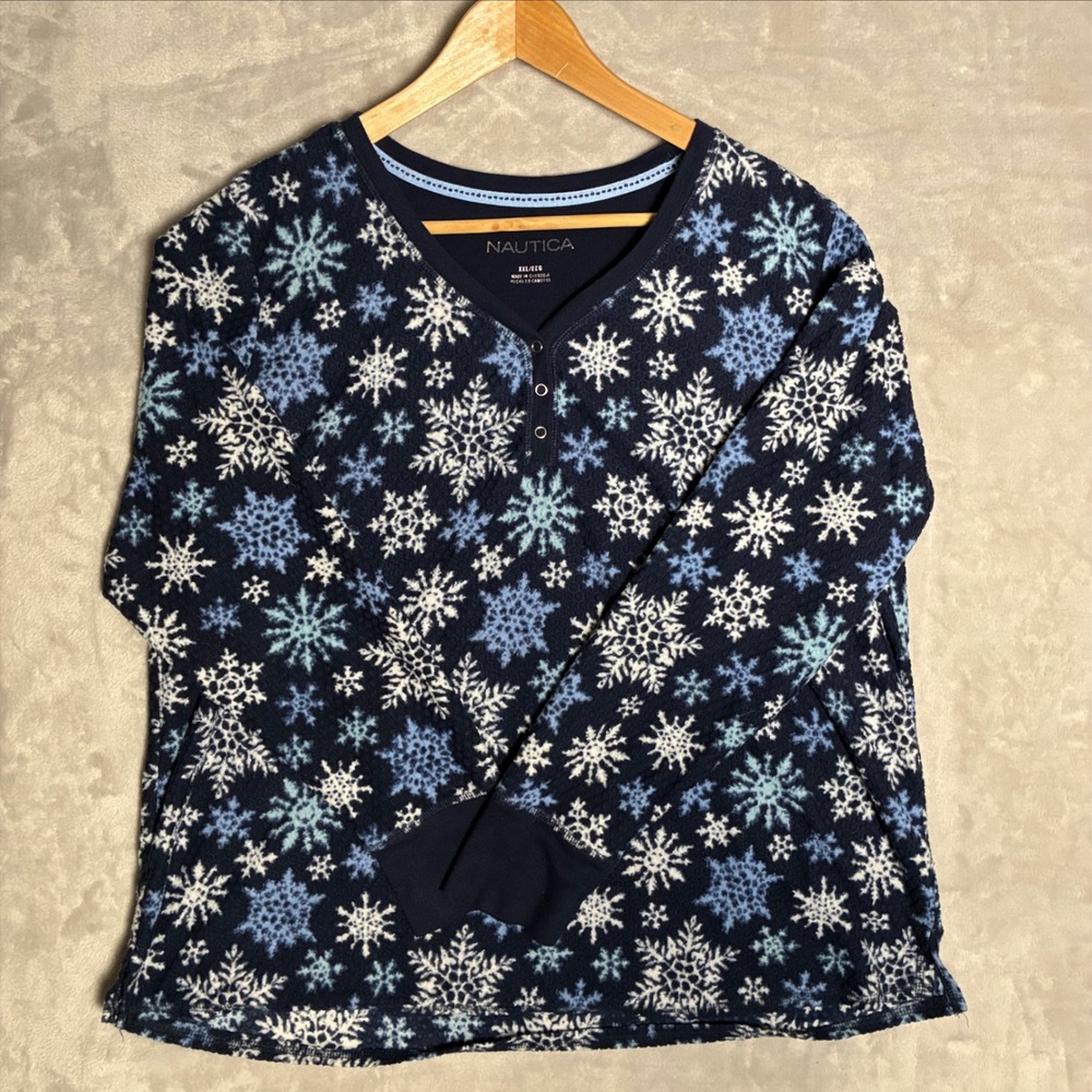 Nautica Womens XXL Navy Blue Snowflake Fleece Henley Pajama Top Long Sleeve